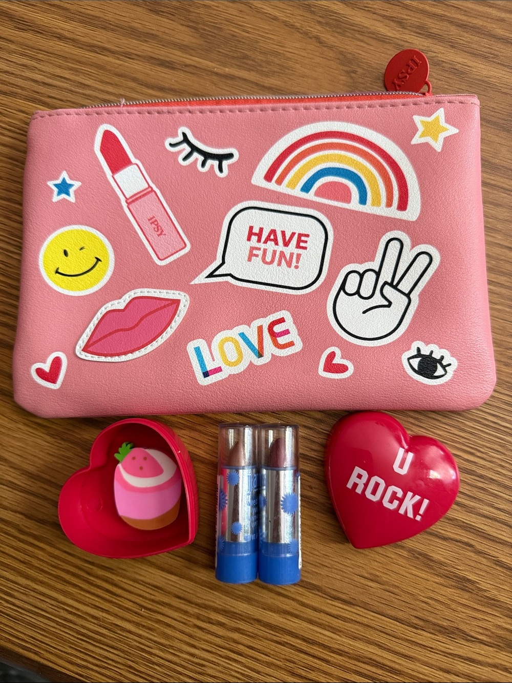 Jane set of 2 mini lipsticks with Pink Sticker Pouch covered in Playful Decals